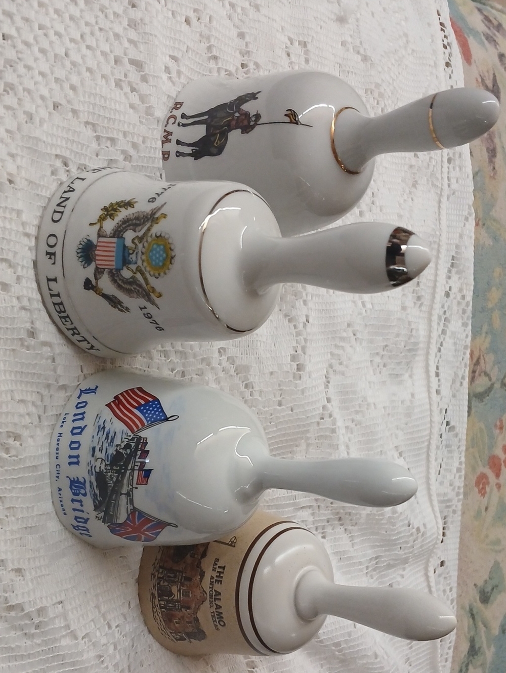 Vintage Souvenir Porcelain Hand Bells - White with Gold Trim